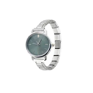 Detail view of silver stainless steel quartz watch with Italian modular expansion band