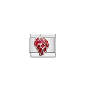 Detailed view of red strawberry enamel on silver stainless steel modular charm link