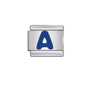 Blue alphabet letter A Italian modular charm for DIY bracelets in silver-toned steel
