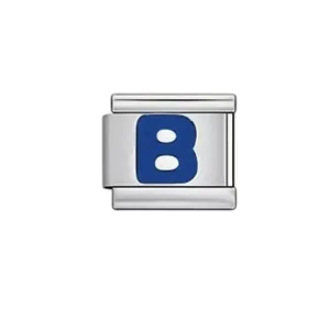 Classic stainless steel Italian modular charm link featuring a blue enamel letter B