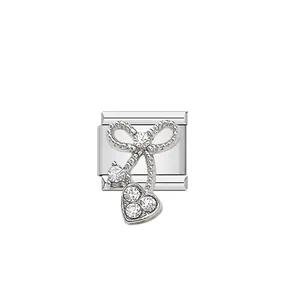 Stainless steel modular link featuring a cherry bow motif with inlaid brilliant crystals