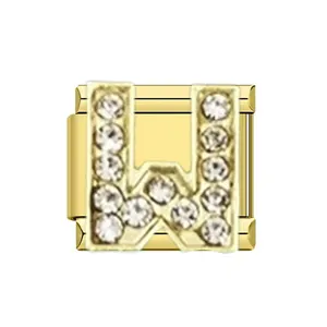 Close-up of gold stainless steel Italian link charm with rhinestone letter W