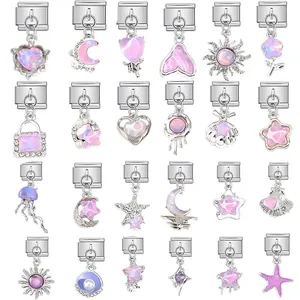 Legierung Italienischer Modularer Charm Pink Kristall Blume Mond Herz Anhänger Für DIY Armband Uhr Strass Schmuck Für Damen