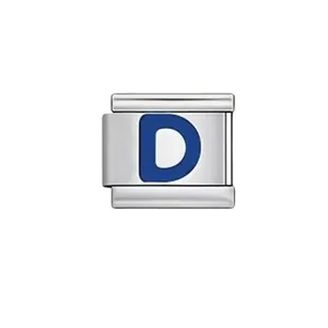 Stainless steel Italian charm link with blue letter D for DIY modular bracelet jewelry