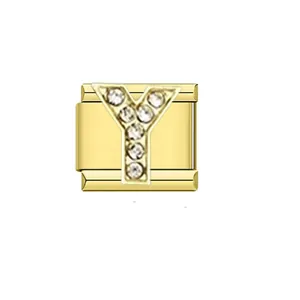 Elegant gold-plated stainless steel Italian charm with sparkling crystal letter Y detail