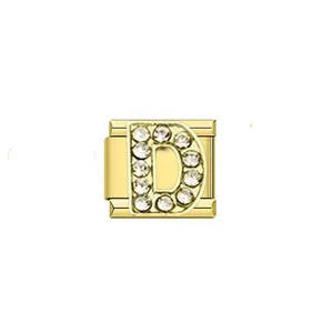 Gold stainless steel Italian charm link with rhinestone letter D for DIY modular bracelet
