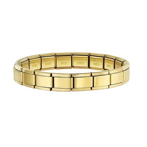 Close-up view of a high-quality 18K gold-plated stainless steel Italian modular charm bracelet.