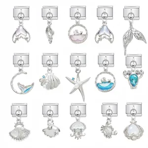 Dije Italiano de Acero Inoxidable Animales Marinos Concha Caballito de Mar Cola de Sirena Diamante de Imitación Perla Artificial para Pulsera DIY Accesorio Joyería