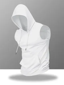 Side profile detail of a white men's sleeveless hooded sports vest with drawstrings