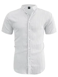 Men's casual white short sleeve shirt featuring a crinkle texture and classic stand collar design