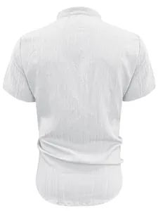 Back view of a white men's casual short-sleeved shirt with textured fabric for summer