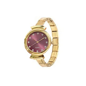 Detailansicht einer goldenen italienischen Moduluhr für Damen mit violettem Zifferblatt