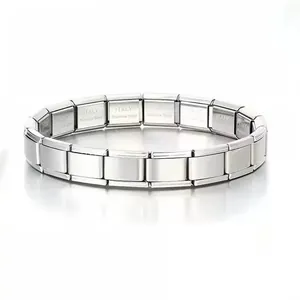 Detailed view of a polished stainless steel modular Italian Charm elastic bracelet
