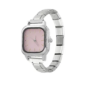 Side detail of a minimalist Italian modular watch with a pink dial and silver band