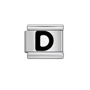 Detail view of silver Italian charm link featuring a bold black letter D design