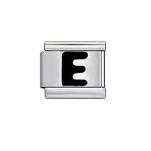 Macro detail shot of a silver stainless steel Italian charm link with black letter E