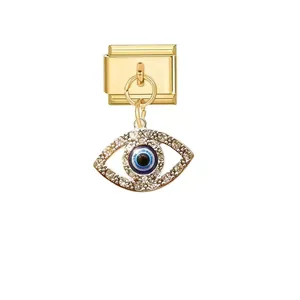 Detail of Italian charm bracelet link with sparkling crystal evil eye pendant