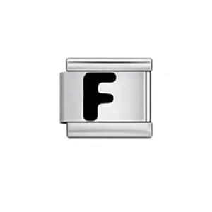 Close-up detail of stainless steel Italian charm link featuring a bold black letter F.