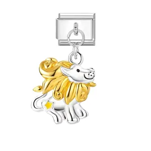 Silberner italienischer Charm-Anhänger mit goldenem Löwen-Zodiac für DIY-Armband