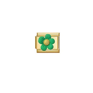 Detail view of Italian modular stainless steel charm link with green enamel flower