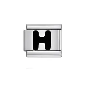 Macro detail view of a silver stainless steel Italian charm link with black letter H