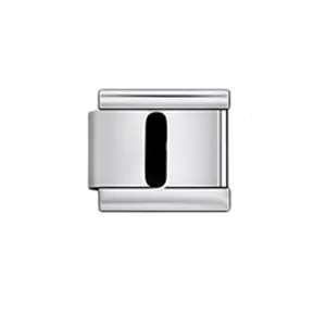 Detailed close-up of a silver stainless steel Italian modular charm link with black letter I