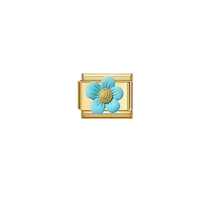 Macro view of a gold modular bracelet link featuring a decorative blue flower
