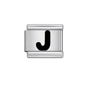 Detail view of a stainless steel Italian modular charm link featuring the letter J