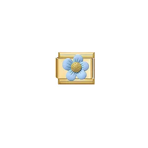 Detailed view of a gold stainless steel modular charm with a light blue flower design