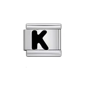Close-up of Italian modular charm link featuring a black enamel letter K