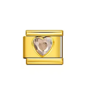 Goldfarbenes italienisches Modul-Charm aus Edelstahl mit herzförmigem Kristall-Geburtsstein