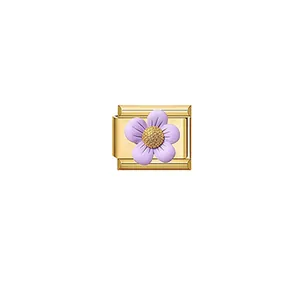 Gold-plated Italian charm link with a purple flower for DIY bracelets