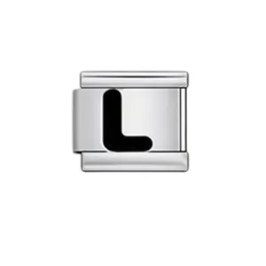 Macro view of a modular Italian charm link featuring a bold black letter L design