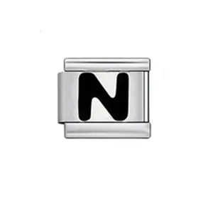 Detail of a square stainless steel Italian charm link featuring a bold black letter N