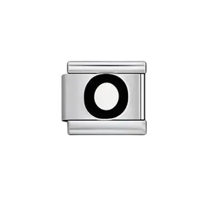 Detail view of silver Italian link charm with black letter O for DIY bracelets.