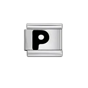 Detailed view of silver Italian modular charm link featuring a black letter P design