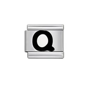 Detailed macro shot of a silver Italian modular charm with a bold black letter Q engraving.