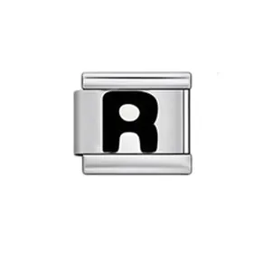 Detailed close-up of a high-quality silver Italian modular charm featuring the letter R
