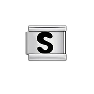 Detailed view of a silver Italian modular bracelet charm with a bold black letter S