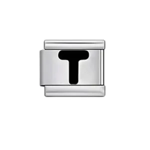 Silver Italian charm link with black letter T design for DIY modular bracelet