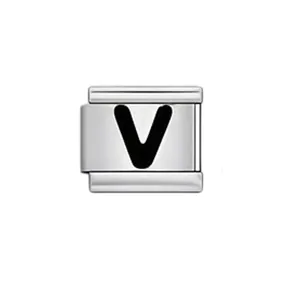Detailed macro view of a silver modular Italian charm featuring black letter V
