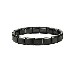 Detail of black Italian modular bracelet showing stainless steel interior engraving