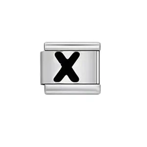 Close-up detail of a silver Italian modular link charm featuring a black enamel letter X