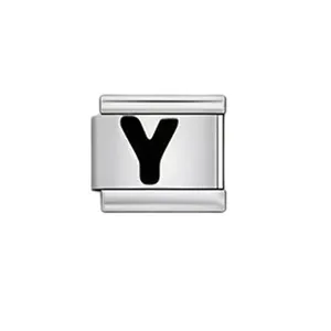 Detailed view of a stainless steel Italian modular charm link featuring a black letter Y