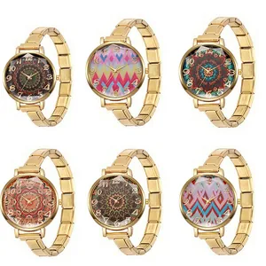 Montre à Quartz pour Femmes en Acier Inoxydable Or Cadran Mandala Bohémien Bracelet Modulaire Italien Élastique Bijoux