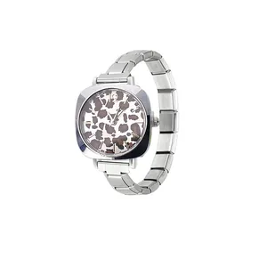 Edelstahl-Quarzuhr in Silber mit Leopardenmuster-Zifferblatt und modularem Gliederarmband