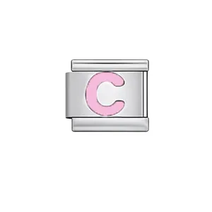 Pink letter C stainless steel Italian modular charm for personalized DIY jewelry bracelets