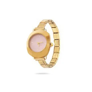 Elegant golden modular chain watch featuring a minimalist pink dial and square case