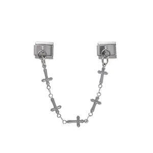 Detailed view of silver cross charm double link for Italian modular bracelets