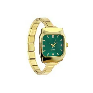 Luxury gold stainless steel quartz watch with a vintage emerald green square dial